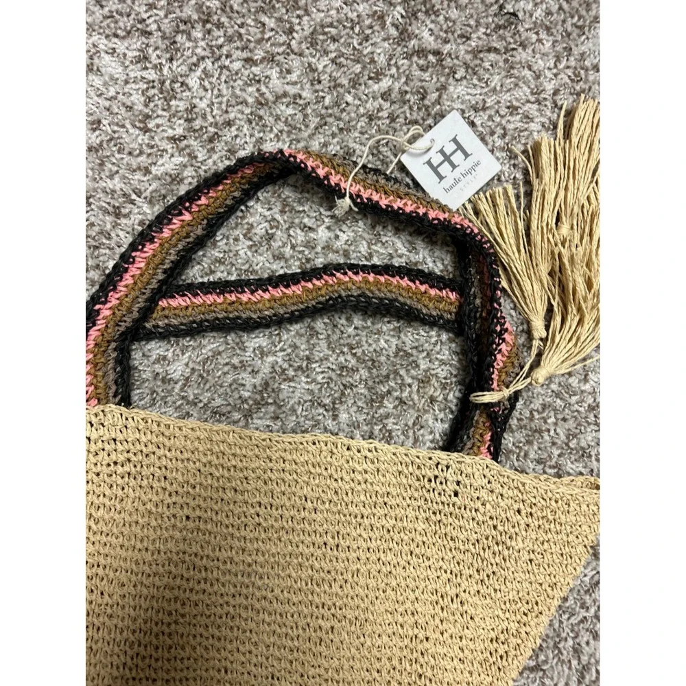 Haute Hippie Slouchy Style Straw Tote Bag Tan Woven Crochet Straps Tassel NWT